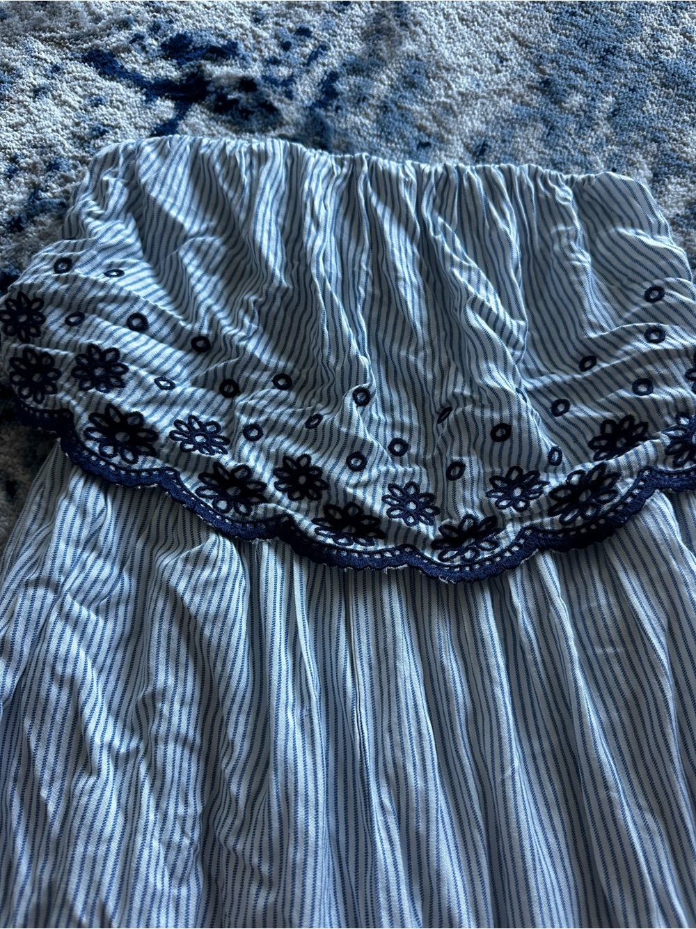 Striped Strapless Pants Jumpsuit with Navy Floral Trim- Jessica Simpson